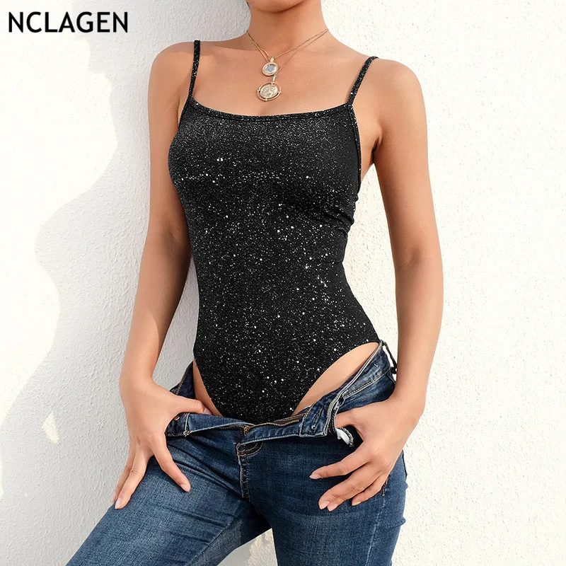 

NCLAGEN 2019 Spring Women Bling Starry Sky Lurex Bodysuit Back Criss Cross Bandage Lace Up Jumpsuits Bodycon Slim Playsuits
