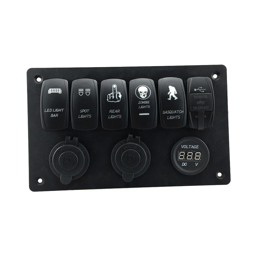 

IZTOSS aluminum blue LED 6 gang rocker switch Panel RV Boat Digital Voltmeter+12V power Socket+Double USB Power Charger Adapter