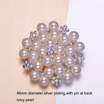 

(M0436)50pcs/lot, 46mm diameter, rhinestone metal bouquet brooch with pin,silver color, ivory pearl