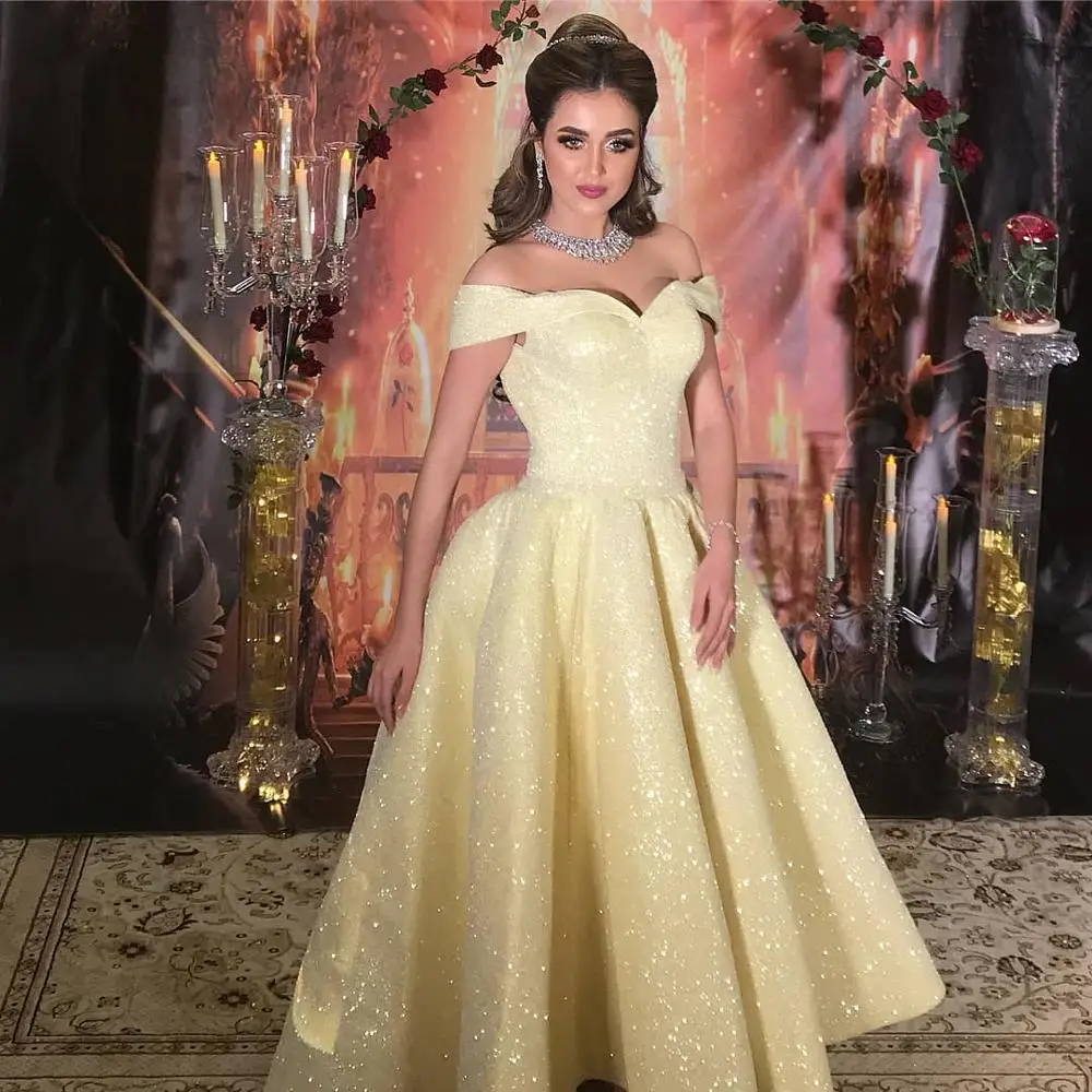 Vintage Tea Length Ball Gown Arabic Evening Dresses 2018 Off Shoulder Glitter Sequined Light Yellow Dubai High Low Prom Dress (2)
