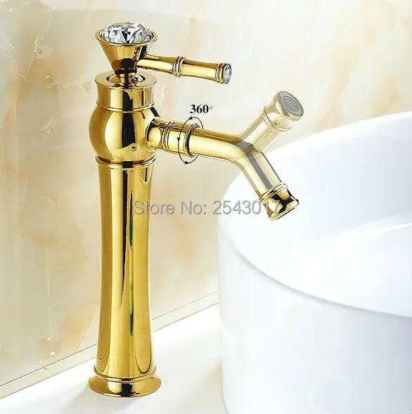 Crystal Diamond Handle Golden Finish Bathroom Basin Mixer Faucet Swivel