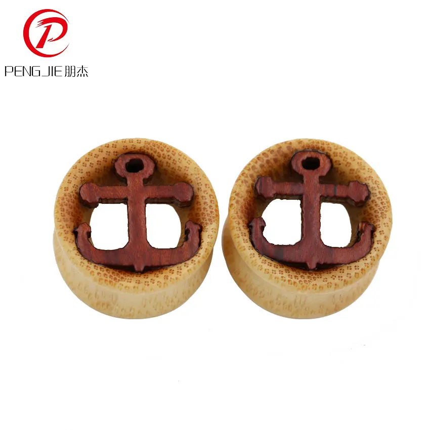Bamboo Anchor Sailor Ear Expander Hollow Flesh Tunnel Wood Ear Gauge 8