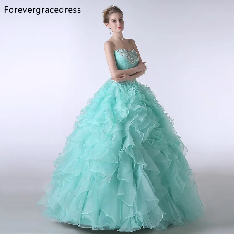 Forevergracedress реальные фотографии Зеленая мята оборками Милая Quinceanera платье Новый