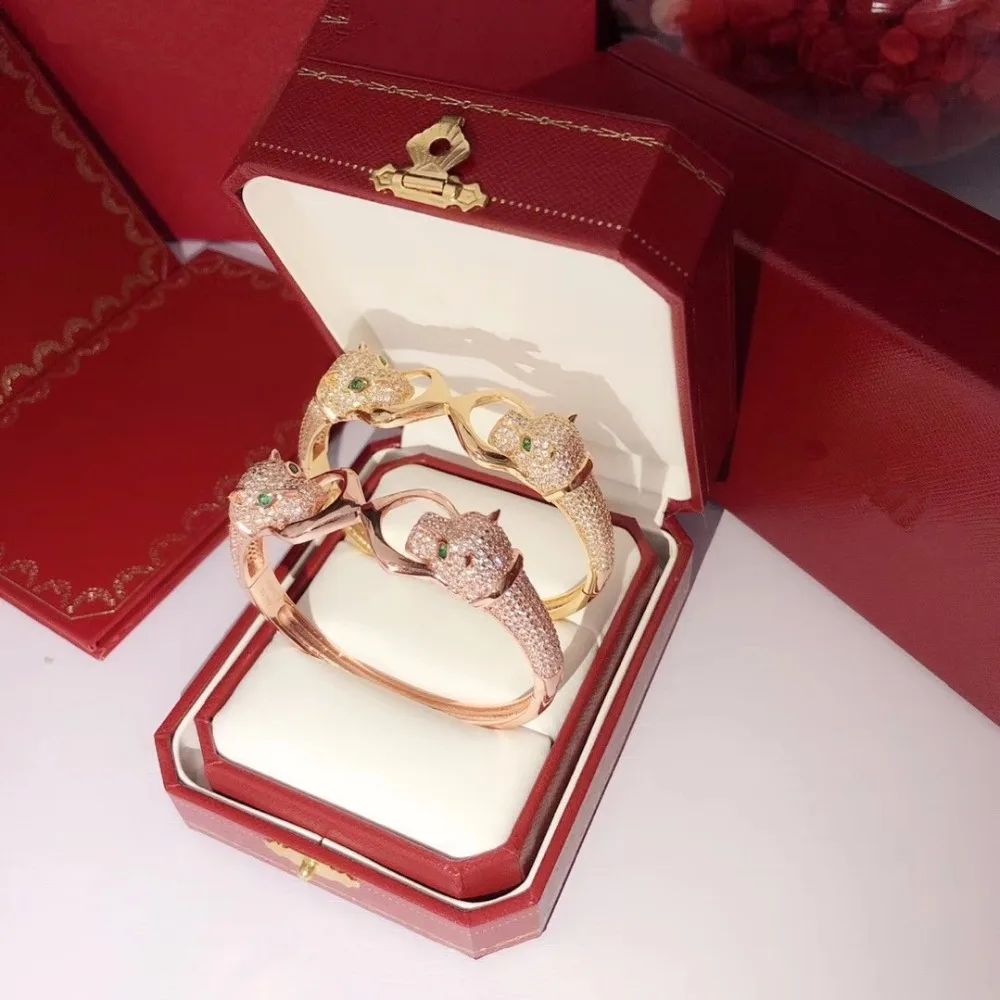 

New Fashion Brand Asian gold Jewelry For Women Double leopard head bracelet with green eye full drils love cuff bangle