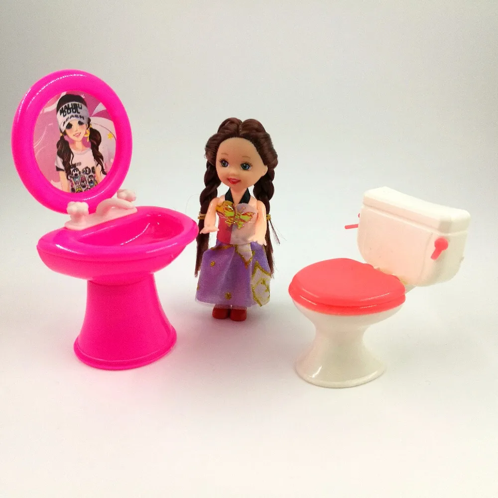 3 Items= Super Cute Dolls Kelly + Closestool + Washbasin Toilet Wash
