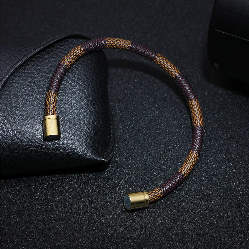 

High Quality Stainless Steel Magnet Buckle Bracelet Coffee Lattice Black Grid White Titanium Leather Rope Bracelets For Women