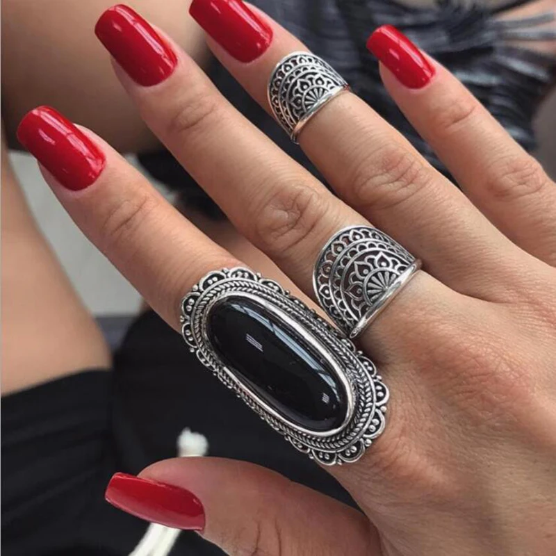Tocona Винтаж под старину, серебряное, большое черные стразы кольцо в этническом стиле с цветочным принтом резьба кольцо комплект стимпанк Тарельчатая Для женщин ювелирные изделия 4174