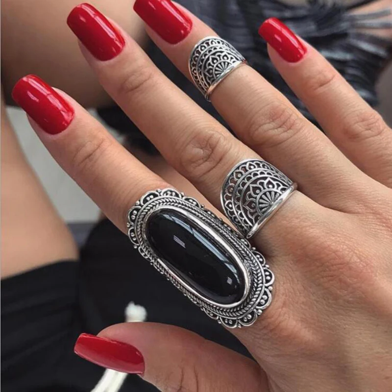 

Tocona Vintage Antique Silver Big Black Rhinestone Ring Ethnic Flower Carving Ring Set Steampunk Knuckle Ring Women Jewelry 4174