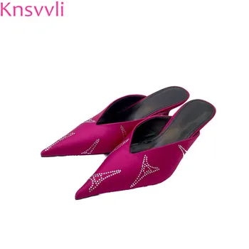 

Knsvvli 2019 New Rose Red Satin High Heels Slippers Women Rhinestone V Pointed Toe Runway Shoes Woman Sexy Mules Thin High Heels