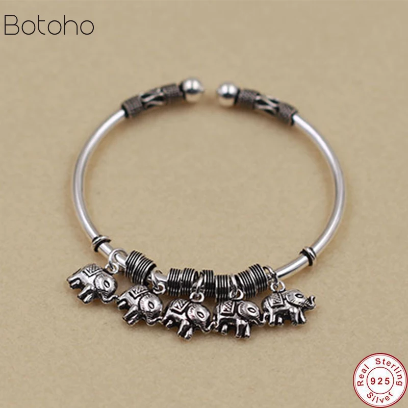 

New Vintage 100% Pure 925 Sterling Handwork Thai Silver Jewelry Auspicious Elephant Charms Bangles for Women Gift men bracelet