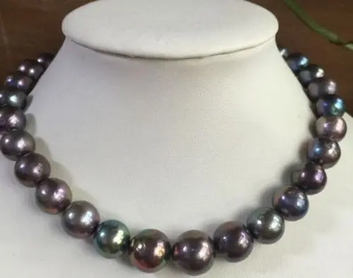 

12-15mm genuine natural round freshwater black pearl necklace 18"925silver