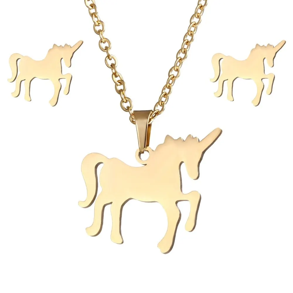 Набор ювелирных изделий из Золотой стали с лошадью для женщин и мужчин, украшения в виде лошади, серьги, ожерелья, ювелирный набор, подарок на день, единорог, лошадь