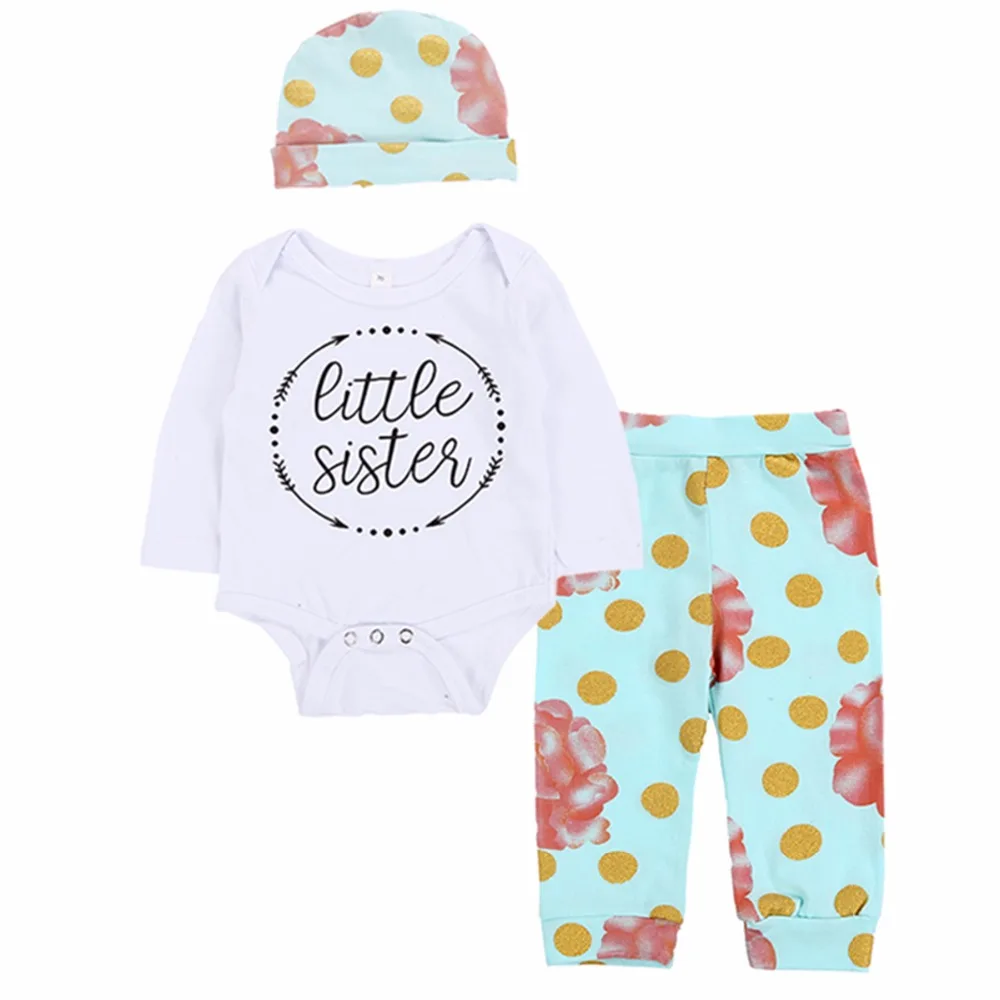 Baby Girl Clothes Set Letter Little Sister Romper Polka Dot Print Pants 