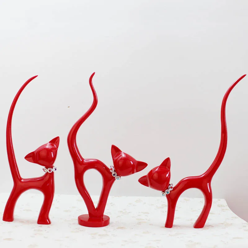 

3pcs Modern Simple Cat Model Figurine Ornament Resin Craft Artificial Red Cat Miniature Home Decor Accessories Living Room Decor