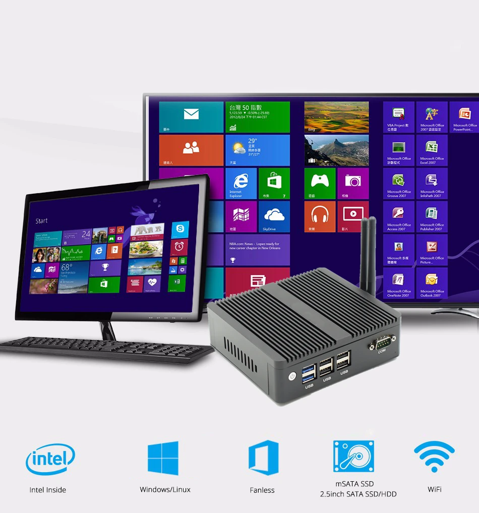 Мини ПК, Intel Celeron N3160 процессор Windows 7(64-бит) Мини-настольный компьютер с четырехъядерным процессором HDMI/VGA Порты и разъёмы Wi-Fi, Bluetooth, Мини компьютер