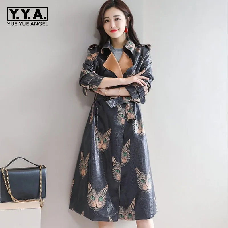 2019 New Autumn Women Long Coats Fashion Printing Lapel