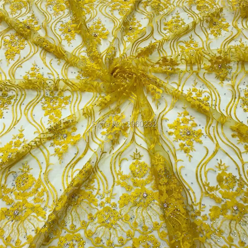 Latest Design French Net Lace with stones in 5yards AF300 Free Shipping Yellow African tulle lace For woman dress | Дом и сад