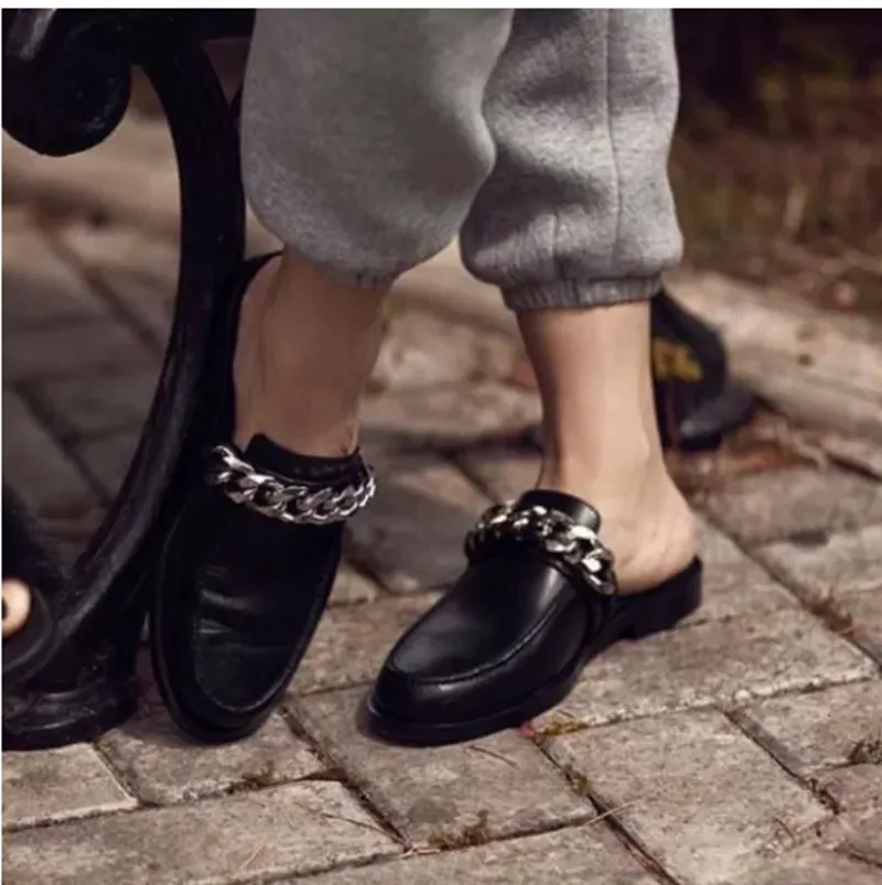 Women Silver Chains Mule Shoes Soft Leather Indoor Outside Slippers Hot