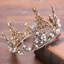 Vintage Wedding Hair Jewelry Copper Round Crystal Crown Tiara For Bride Hair Accessories Handmade Pearl Rhinestone Hairwear