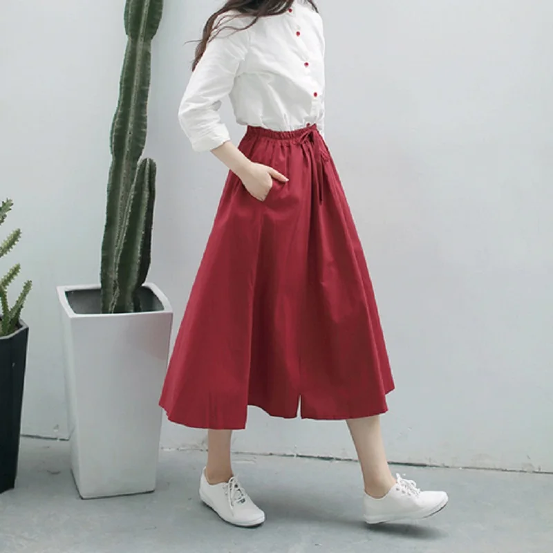 

New Spring Summer Women A Line Midi Skirt Elastic Waist Casual Pure Color Female Skirts Red Navy Blue Cotton Linen Elegant Skirt