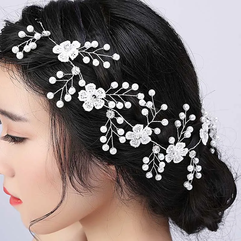 Lace Flowers Crystal Pearl Bride Headbands Hairband Charm