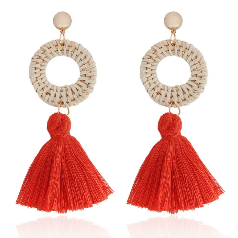 

Bohemian Big Round Rattan Tassel Drop Earrings for Women Large Handmade Earring Ethnic Jewelry Female Bijoux Gifts for Women