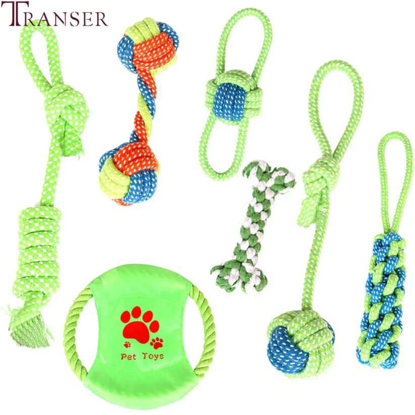 

Transer 7PC Green Rope Dog Toy Chews Cotton Rope Knot Ball Grinding Molar Teeth Clean Pet Toys for Large Small Dogs 90415