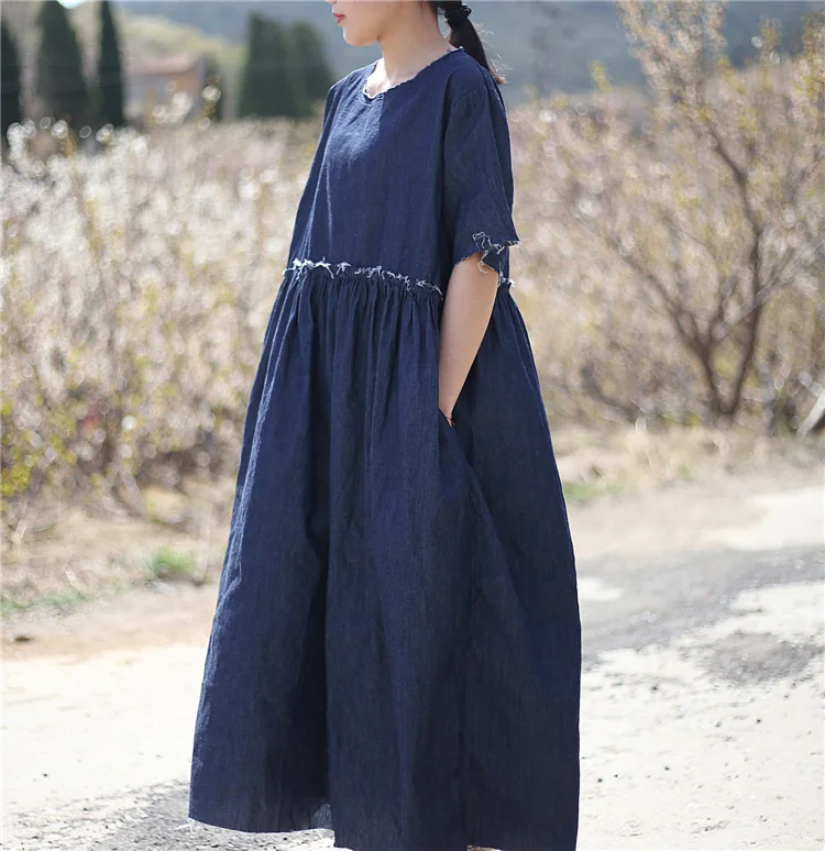 

Women Ripped Loose Vintage Retro Dress Ladies Casual Summer Autumn Dress Female Plus Size Dress 2019
