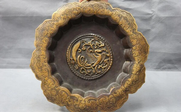 

Elegant old S1020 Chinese Old Royal Palace Copper Bronze phoenix sparrow bird Beast dish plate statue