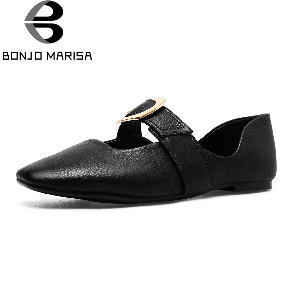 

BONJOMARISA 2018 Brand Summer Autumn Mary Janes Flats Women Black Elegant Buckle Shallow Shoes Woman Low Heels Large Size 32-43