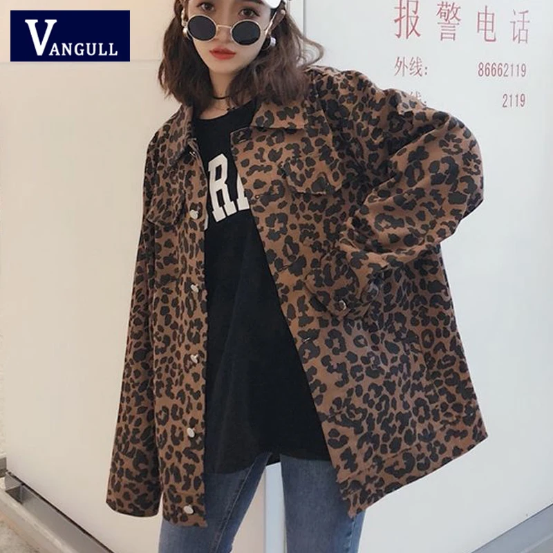 

Vangull Women Leopard Denim Jackets Batwing Sleeve Loose Print Basic Jacket 2019 Autumn New Style Single Breasted Long Jean Coat