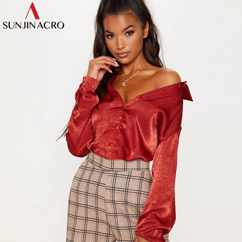 

SUNJINACRO Women Autumn Long Sleeve Satin Blouses Shirts Sexy Off Shoulder Tops Loose Over Size Fashion Shirt New Causal Blouses