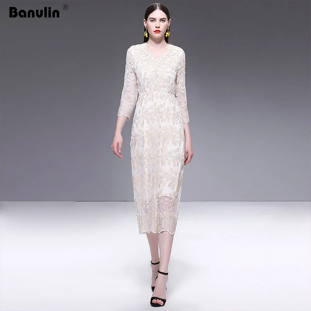 

Banulin Runway Designer High Quality 2019 Summer New Women'S Fashion Party Work Sexy V-Neck Vintage Elegant Chic Lace Dress
