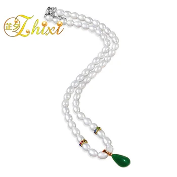 

ZHIXI Real Pearl Necklace Fine Jewelry Natural Water Drop Choker Necklace with jade Malay Gift For Woman XL1007