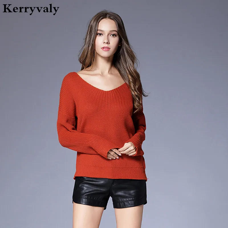

Backless Sexy Hollow-out Off Shoulder Elastic Winter Sweater Womens Knitwear 2019 Autumn V-neck Thicken Loose Sweater K5231