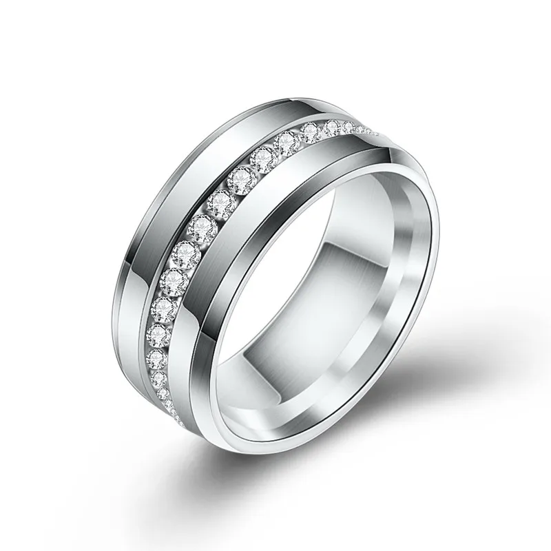 Modyle 2019 New Black and Silver Color Titanium Stainless Steel One Row CZ Stone Wedding Engagement Rings for Woman Men
