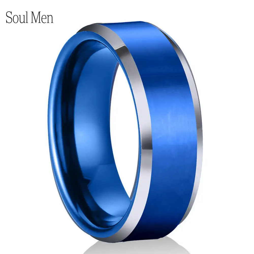 8mm Men's Tungsten Carbide Ring Two Tone Blue Flat Wedding Band Comfort Fit Fashion Jewelry Laser Available TUR016 | Украшения и