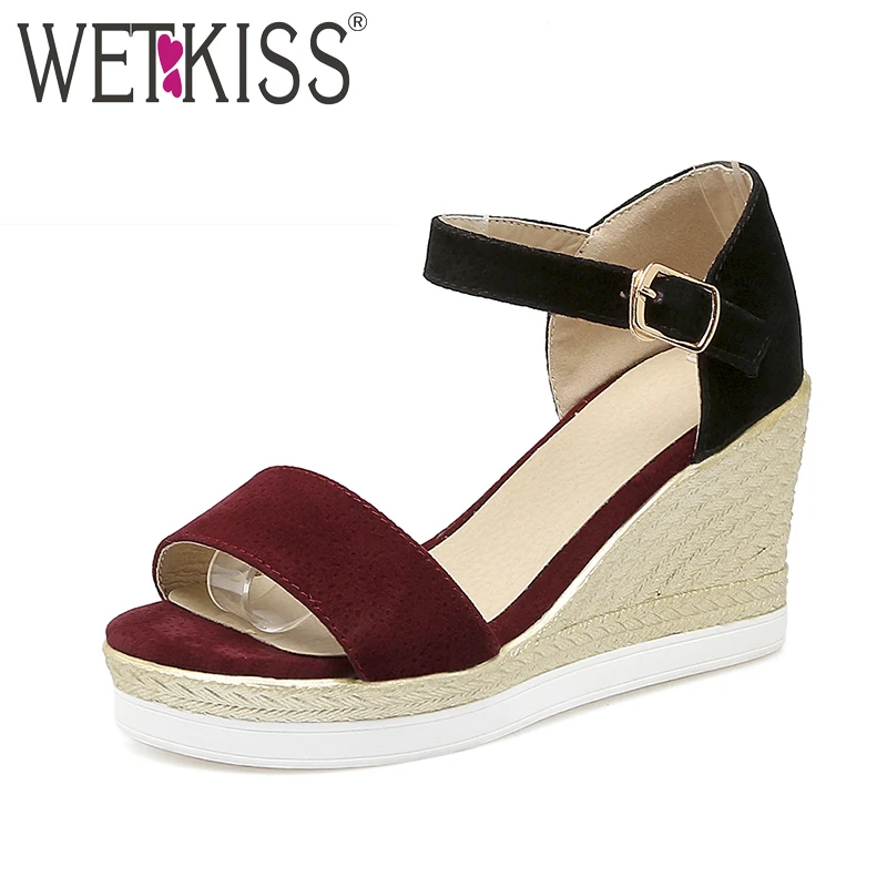 WETKISS Big Size 33 43 Fashion Wedges Women Sandals Mixed Colors Ankle Strap Summer Shoes Platform