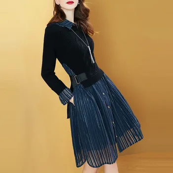 

Fashion Dress Woman 2018 Autumn Winter New Knitted Patchwork Turn Down Collar Long Sleeved Slim Fake Two Piece Dress Knee Length