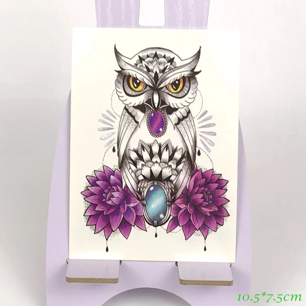 Waterproof Temporary Tattoo Owl Queen With Diamond Rose Flower