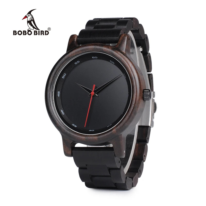 

BOBO BIRD V-P10 Watches Men Natural Black Wooden Ebony Quartz Fashion Wristwatch with Red Second Hand