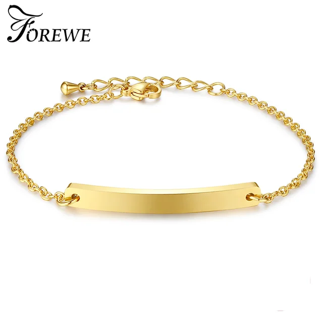 Gold Flat Bar Charm Bracelet Women Custom Engraved Name Gold Flat Bar Charm Bracelet Women Custom Engraved Name Stainless Steel Jewelry Personalized Bracelets For