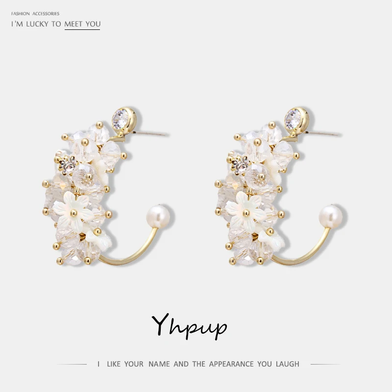 

Yhpup Trendy Exquisite Phantasy Crystal Stud Earrings Shell Flower Copper S925 Silver Statement Earrings for Bride Wedding Party