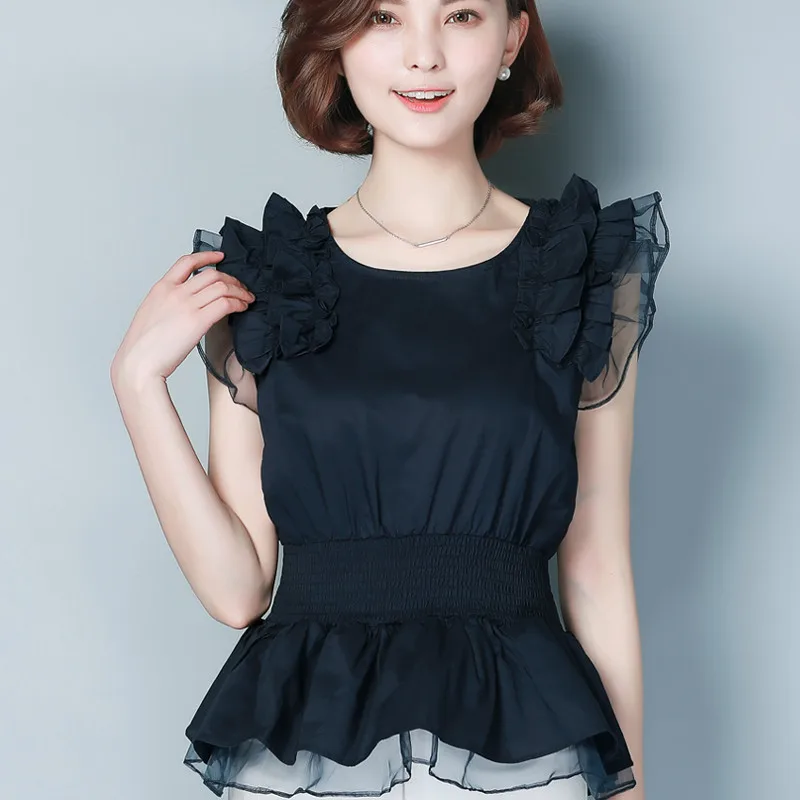 

Nice Summer Ruffles Women Blouse Lace Tee Tops Plus Size Blue Brand Chiffon Shirt Organza Yarn Women Clothing High Quality