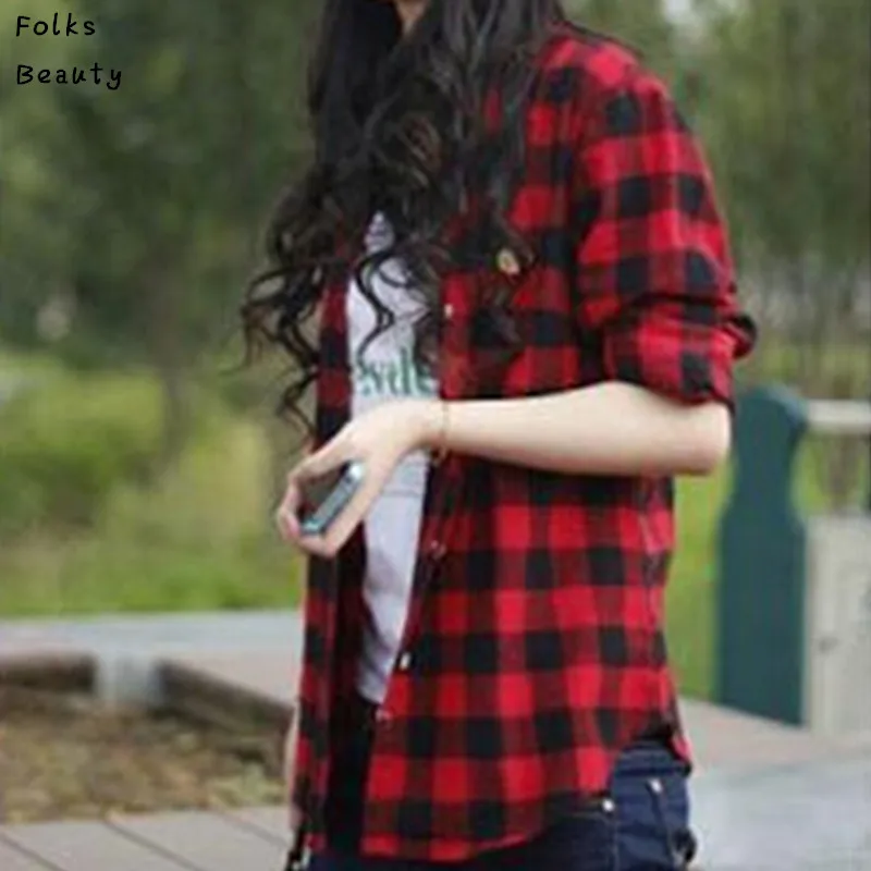 

New Casual Button Down Lapel Neck Plaids Checks Flannel Blouse Shirts Women Long Sleeve Tops