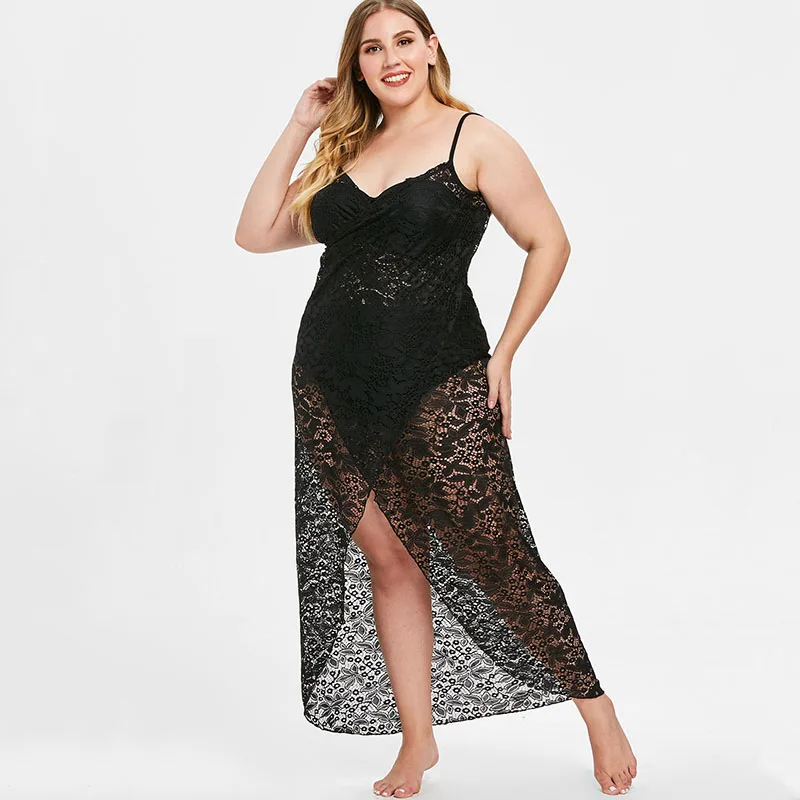 

Plus Size Spaghetti Strap Black Lace Beach Cover Up Women Swimsuits Pareo Swimwear Bikini Sheer Bathing Suit Swim Cover Ups Big