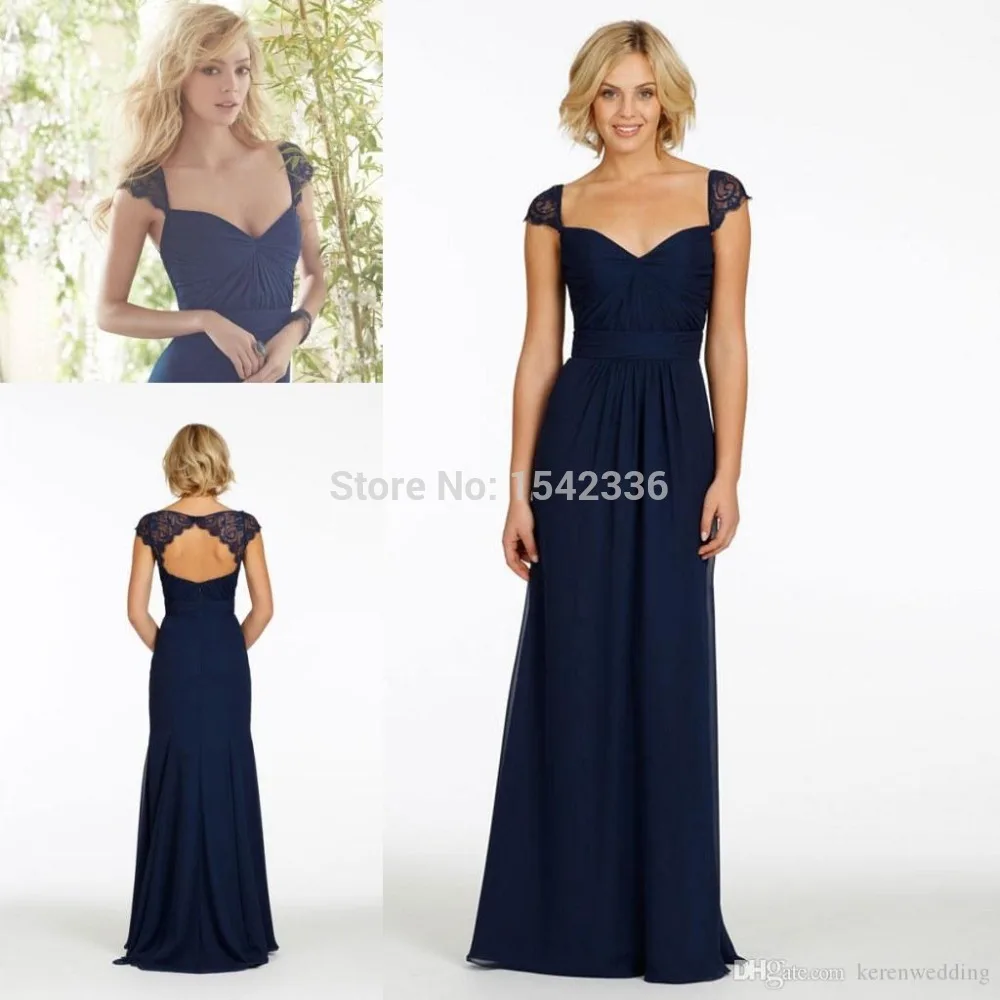 Sale Navy Blue Bridesmaid Dresses Cheap 2015 A Line Lace Portrait Neck