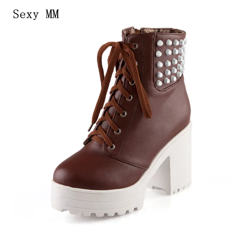 

Spring Autumn Platform Square High Heels Ankle Boots Women Short Boots Ladies Shoes botas botte femme Plus Size 34-40.41.42.43