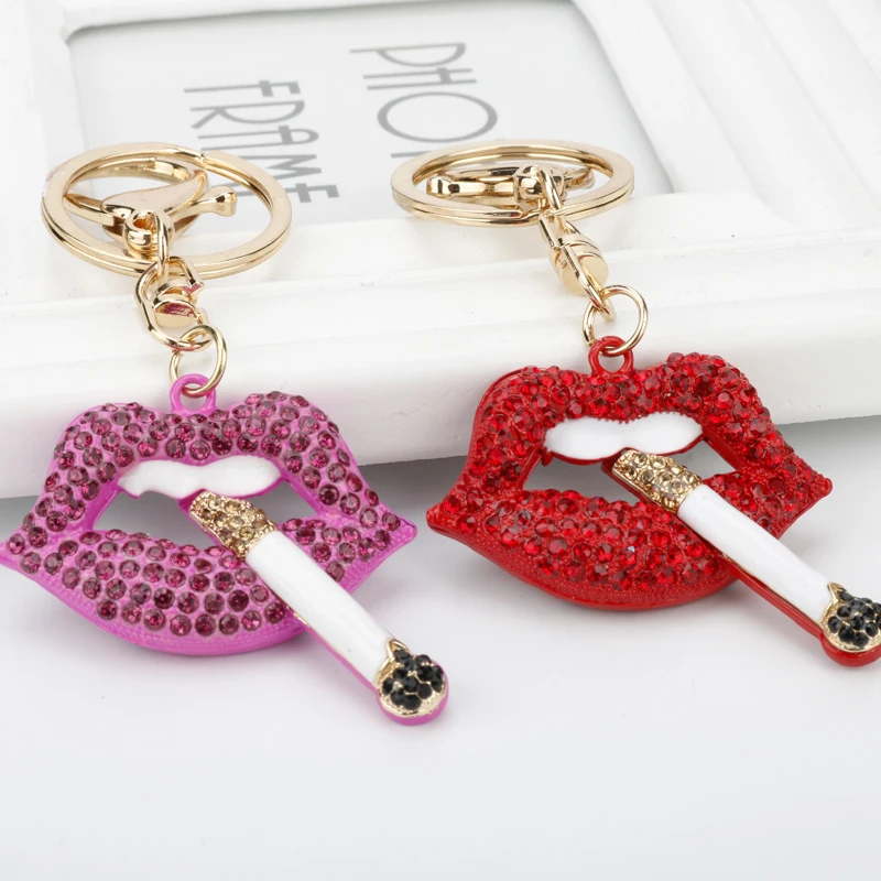 

Fashion Sexy Rose Red Lip Crystal Cigarette Keychain Charm Pendant Rhinestone Car Purse HandBag Key Chain Ring Creative Gift