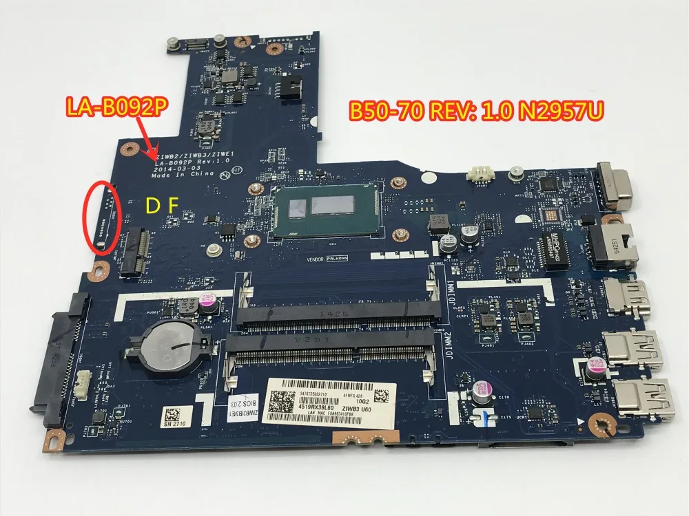

BDPLANAR MBCB50-70W8PUMA2957NFPNDOC 1000 For Lenovo B50-70 Laptop motherboard LA-B092P REV:1.0 N2957U FRU/PN:5B20G46202 tested